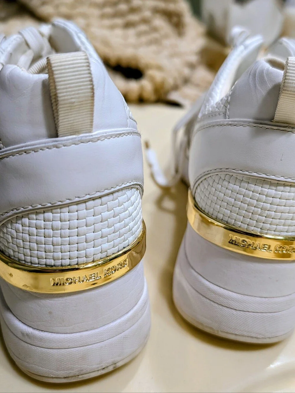 Michael Kors Georgie White Woven 8.5 Platform Sneakers with Gold Heel Accent.